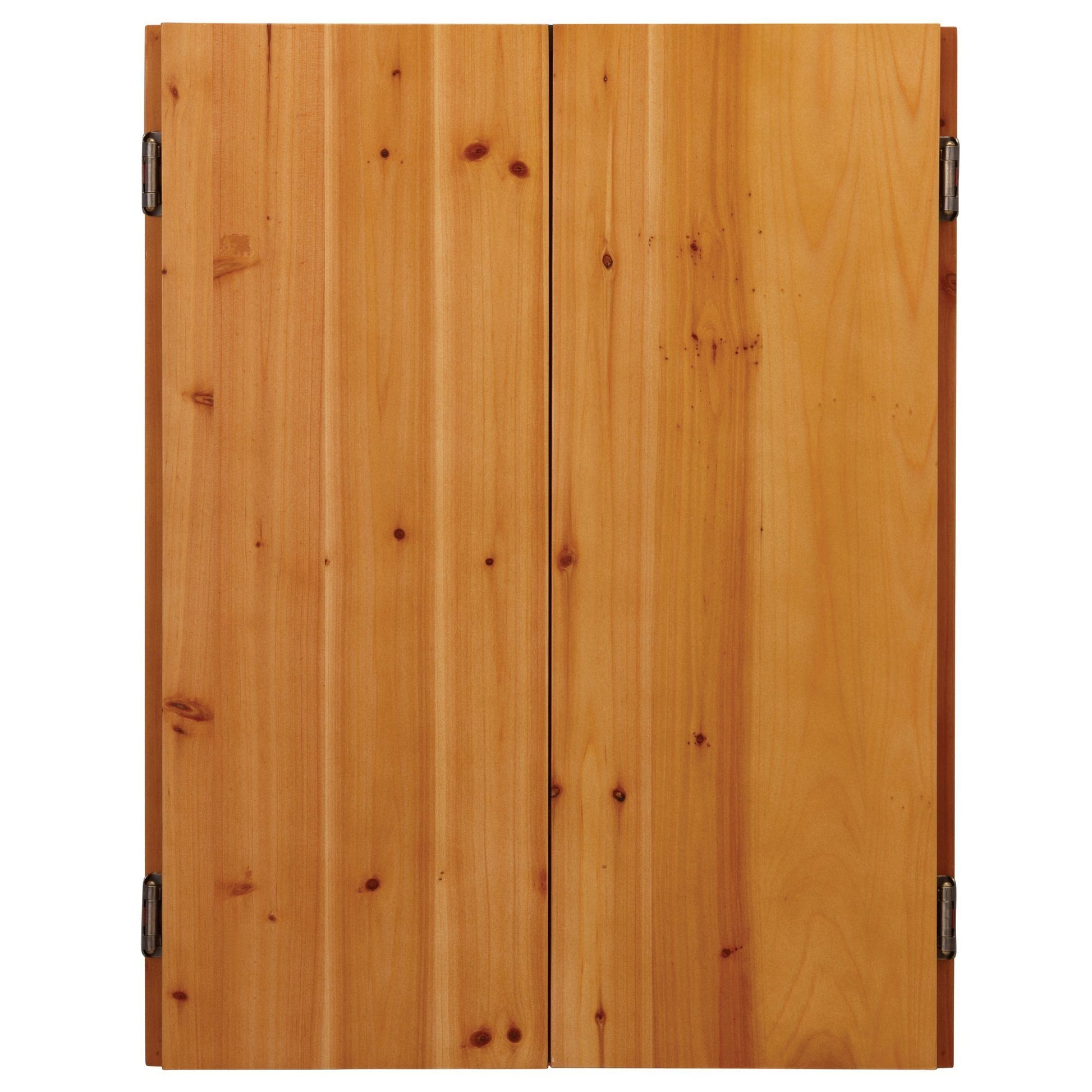Wooden dartboard cabinet with two hinged oak doors and metal side handles