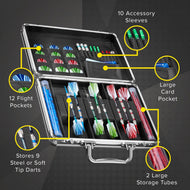 Open aluminum dart case with compartments for flights, darts, sleeves, and storage tubes