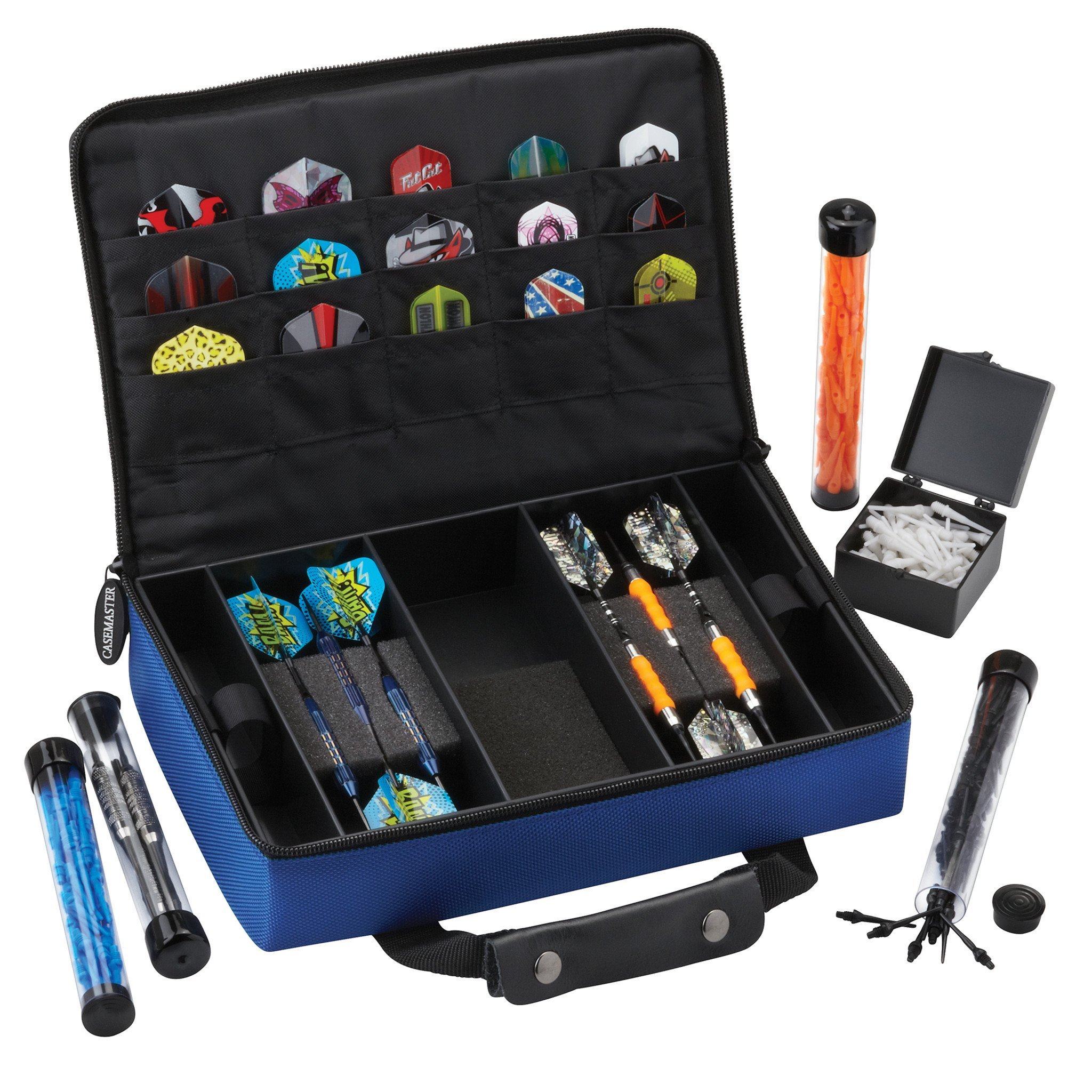Blue and black dart case with darts, flights, tubes, and stand