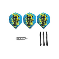 Three blue dart flights with yellow burst design, metal tool, and three black shafts