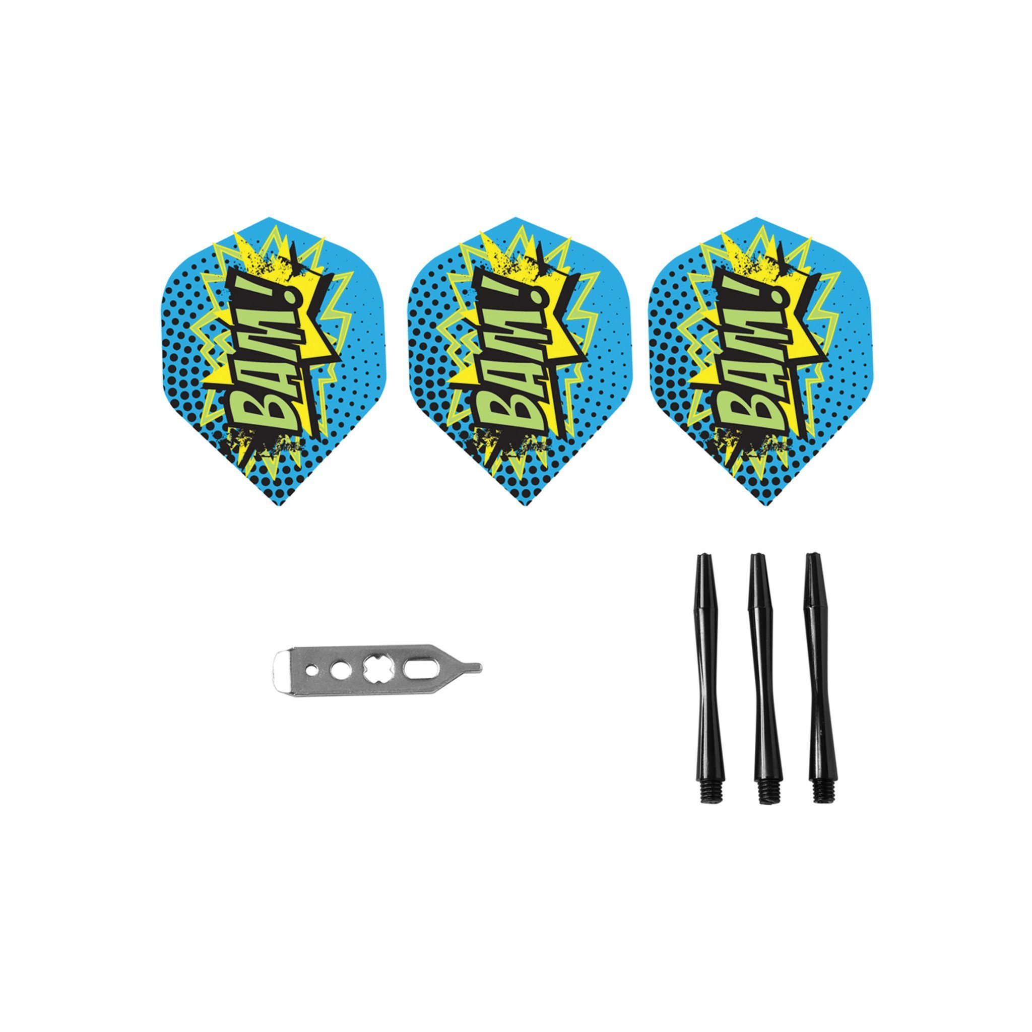 Three blue dart flights with yellow burst design, metal tool, and three black shafts
