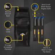 Black dart case with belt loop, accessory pockets, and organizer holding three darts with blue flights