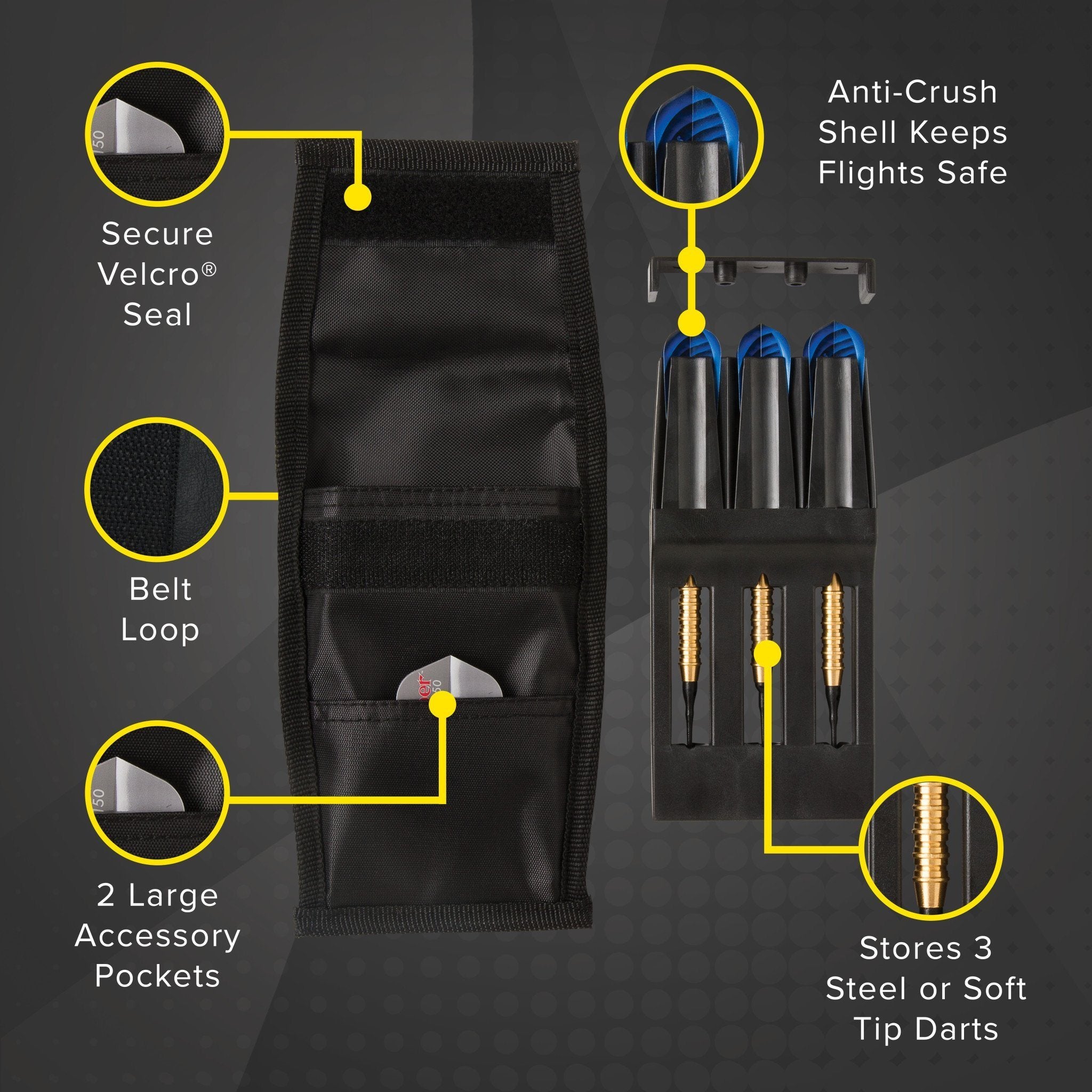 Black dart case with belt loop, accessory pockets, and organizer holding three darts with blue flights