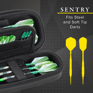 Black dart case with green and white striped darts inside