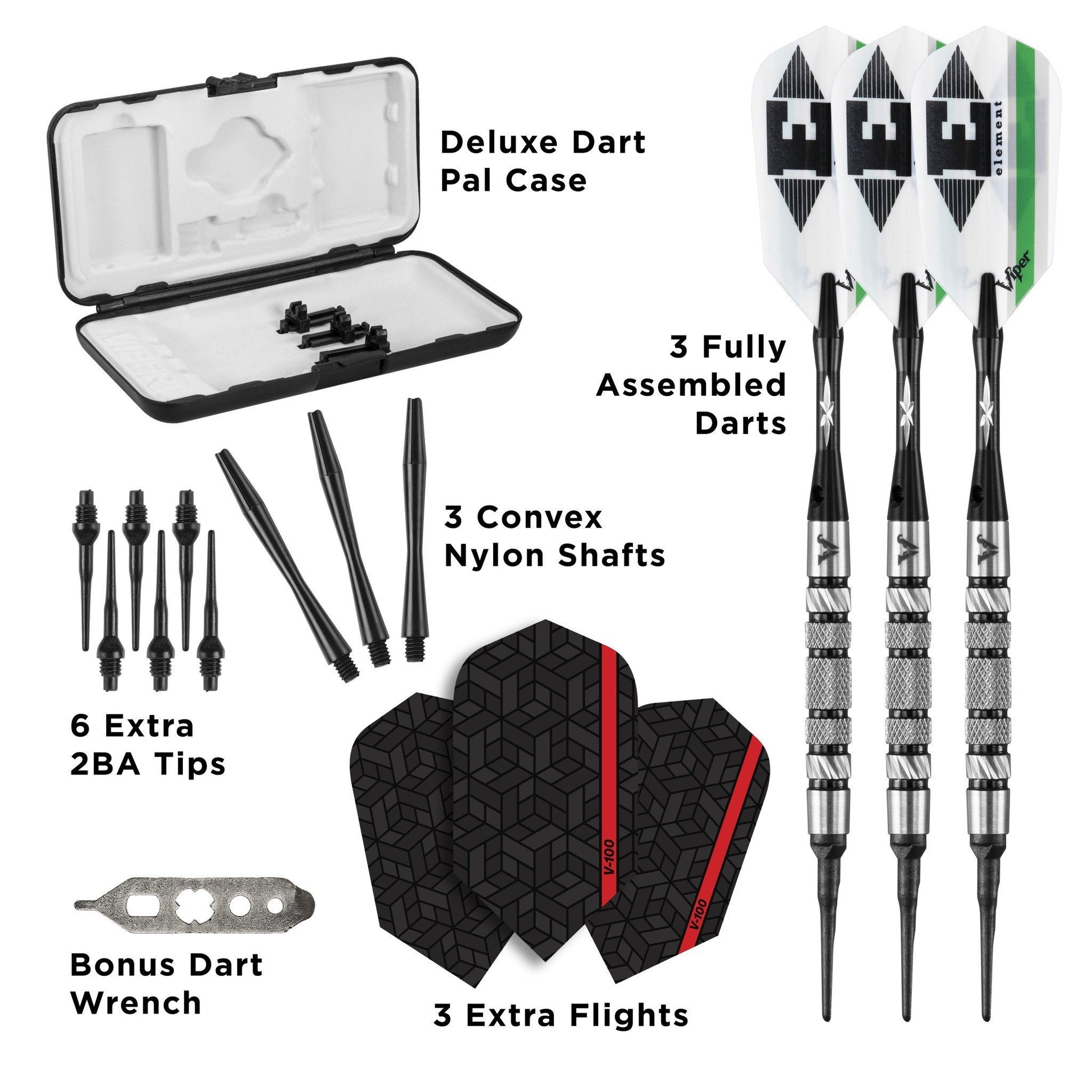 Infographic of dart set with case, three assembled darts, shafts, tips, wrench, and flights