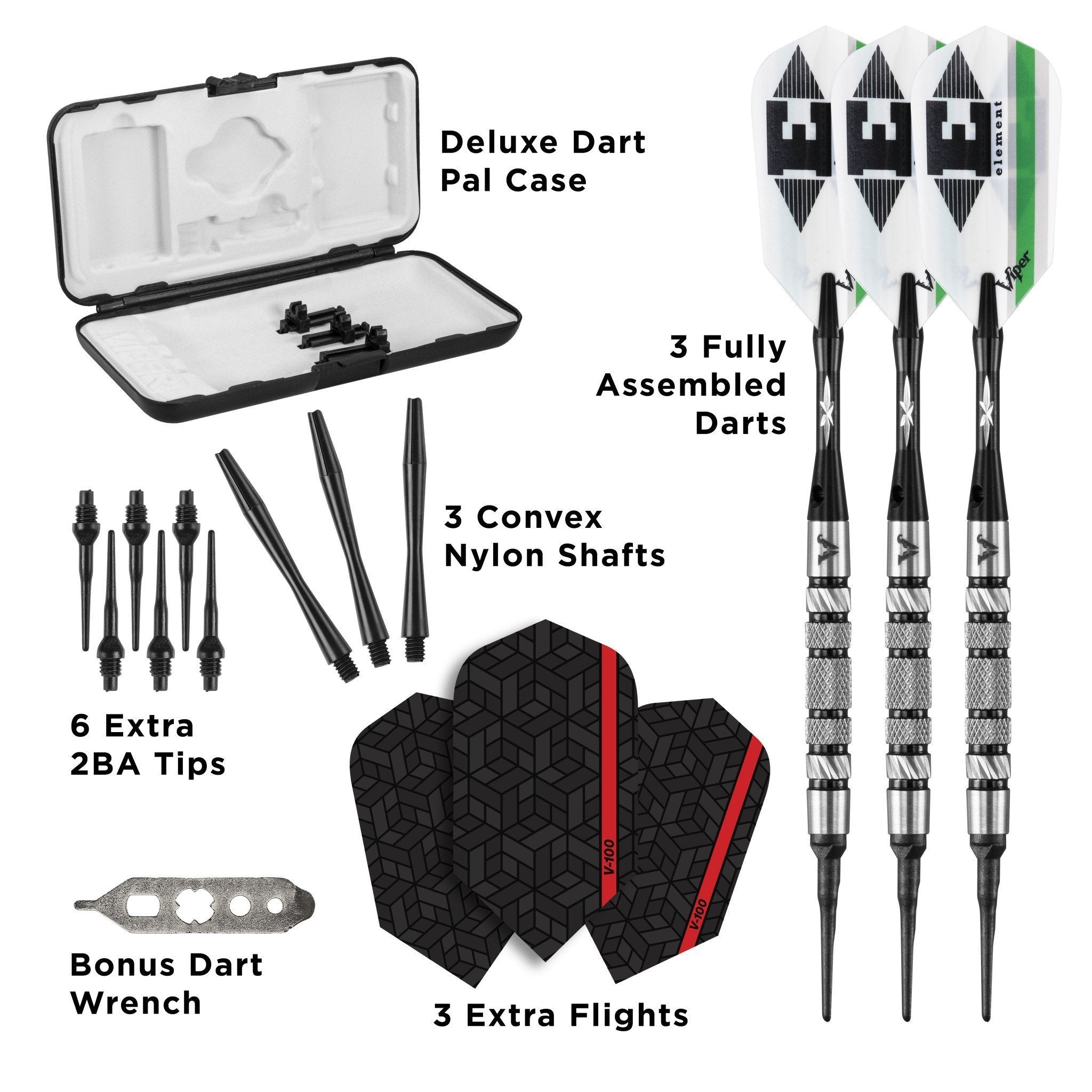 Infographic of dart set with case, three assembled darts, shafts, tips, wrench, and flights