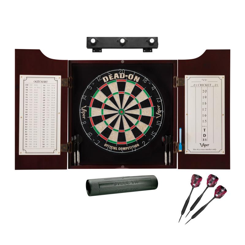 Viper Dead On Sisal Dartboard, Hudson Cabinet, Dart Mat, Black Mariah Steel Tip Darts & Shadow Buster Dartboard Light Bundle Darts Viper 