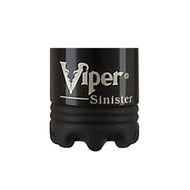 Close-up of black cue stick ferrule with silver Viper Sinister logo and textured grip base