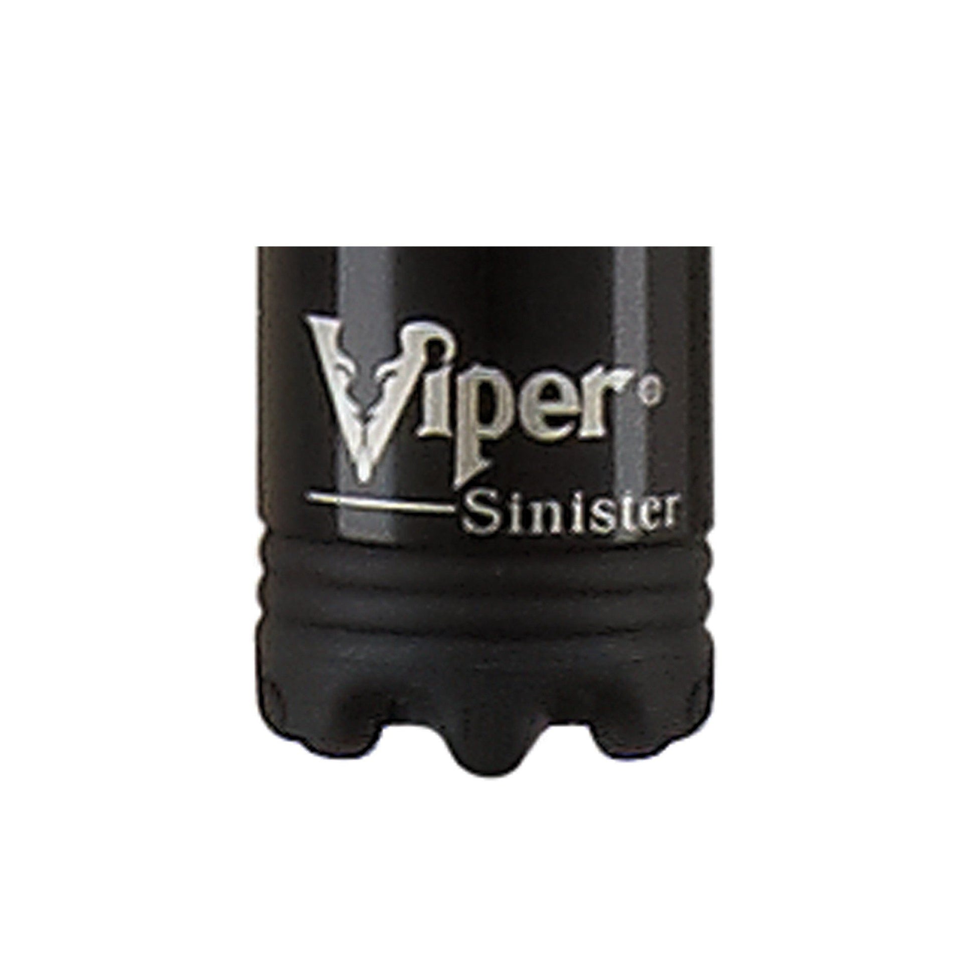 Close-up of black cue stick ferrule with silver Viper Sinister logo and textured grip base