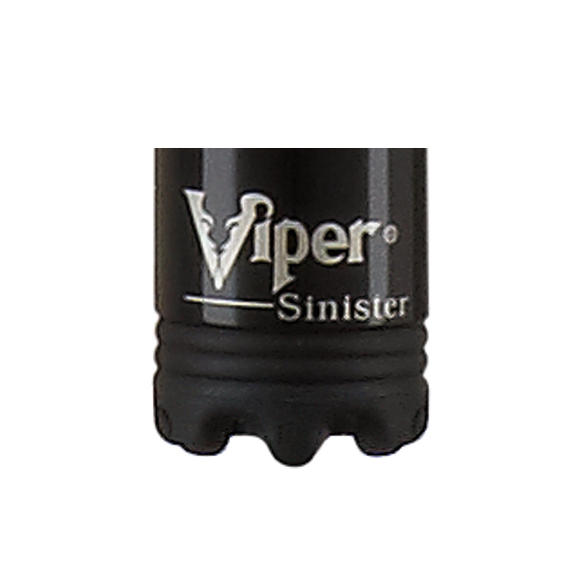Close-up of black cue stick ferrule with silver Viper Sinister logo and textured grip base