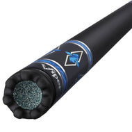 Black cue stick with blue and white lightning bolt design, black grip end with teal sparkle core visible