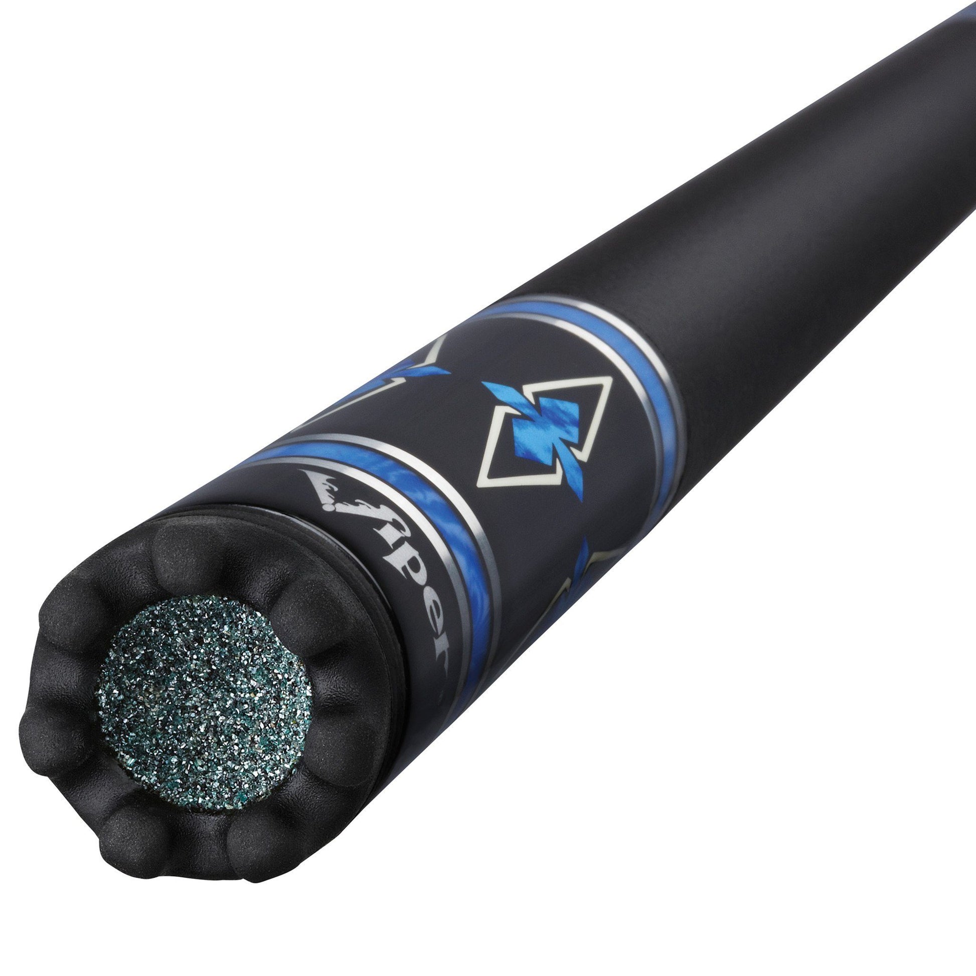 Black cue stick with blue and white lightning bolt design, black grip end with teal sparkle core visible