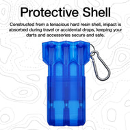 Bright blue translucent dart case with metal carabiner clip attached