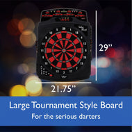 Electronic dartboard with red and black segments and digital scoreboard at top
