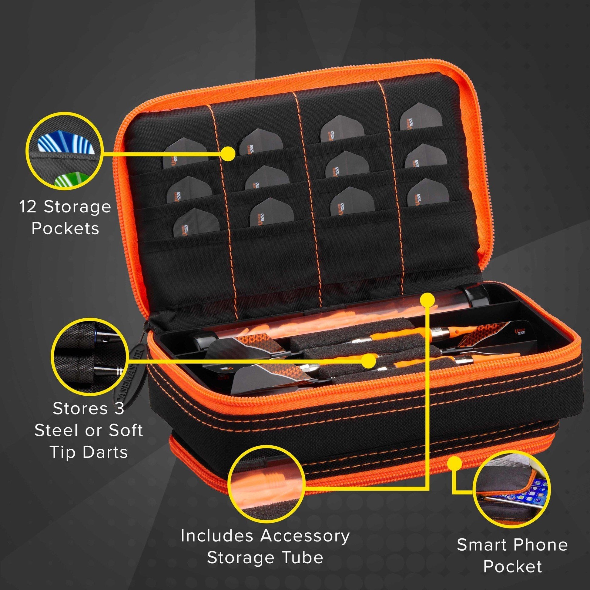 Orange and black dart case with 12 pockets, dart storage, accessory tube, and phone pocket