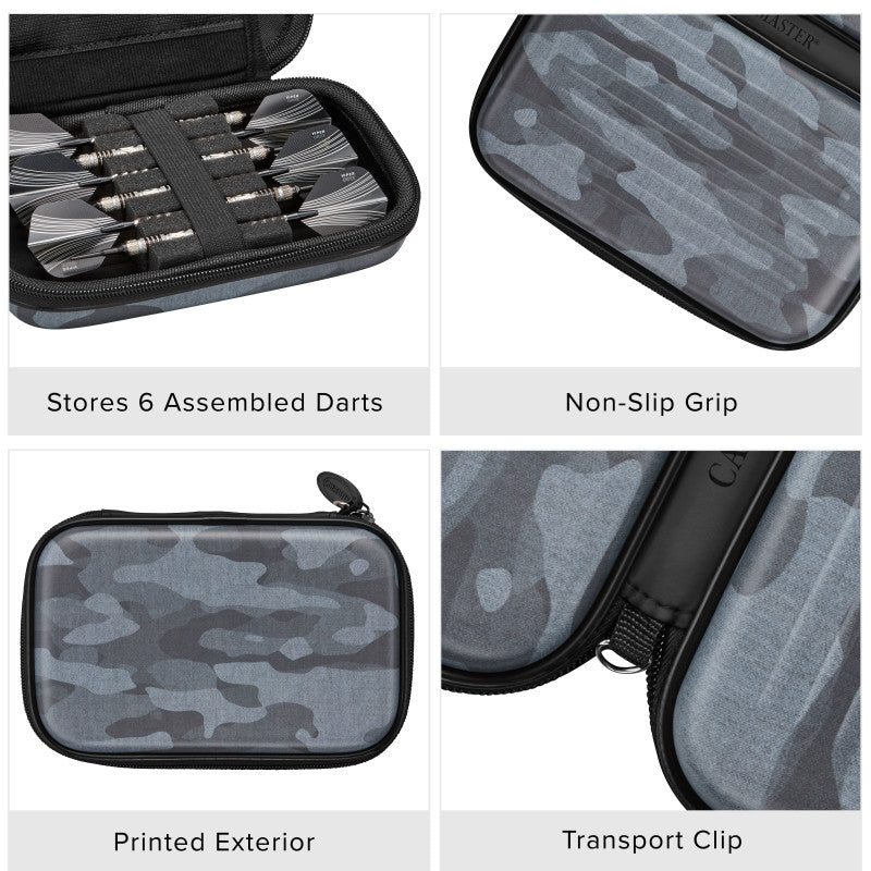 Four-panel infographic showing dart case with darts, camouflage exterior, and transport clip