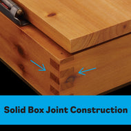 Close-up of light wood pieces with blue arrows indicating interlocking corner joints