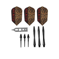 Flat-lay accessories: three Celtic Blood gold-knotwork flights, silver wrench, soft tips, shafts.