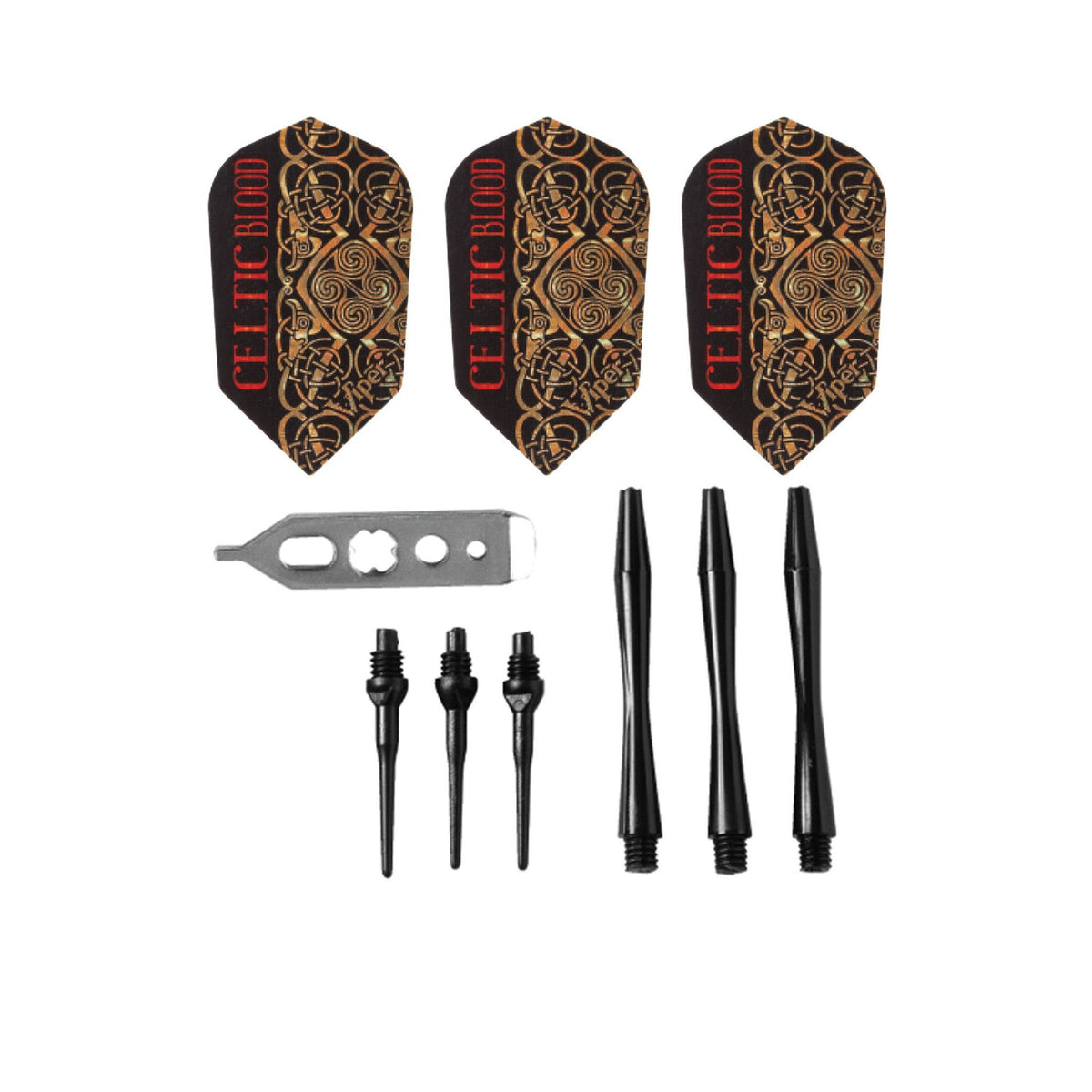 Flat-lay accessories: three Celtic Blood gold-knotwork flights, silver wrench, soft tips, shafts.