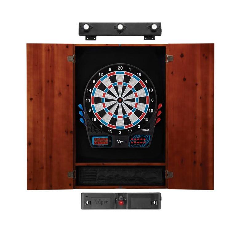 Viper 777 Electronic Dartboard, Metropolitan Cinnamon Cabinet, Laser Throw Line & Shadow Buster Dartboard Light Bundle Darts Viper 