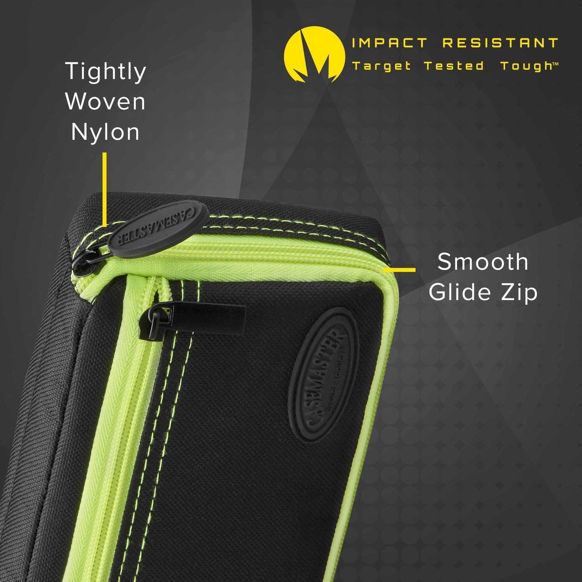 Dart case with black nylon body and neon yellow trim, featuring zipper detail