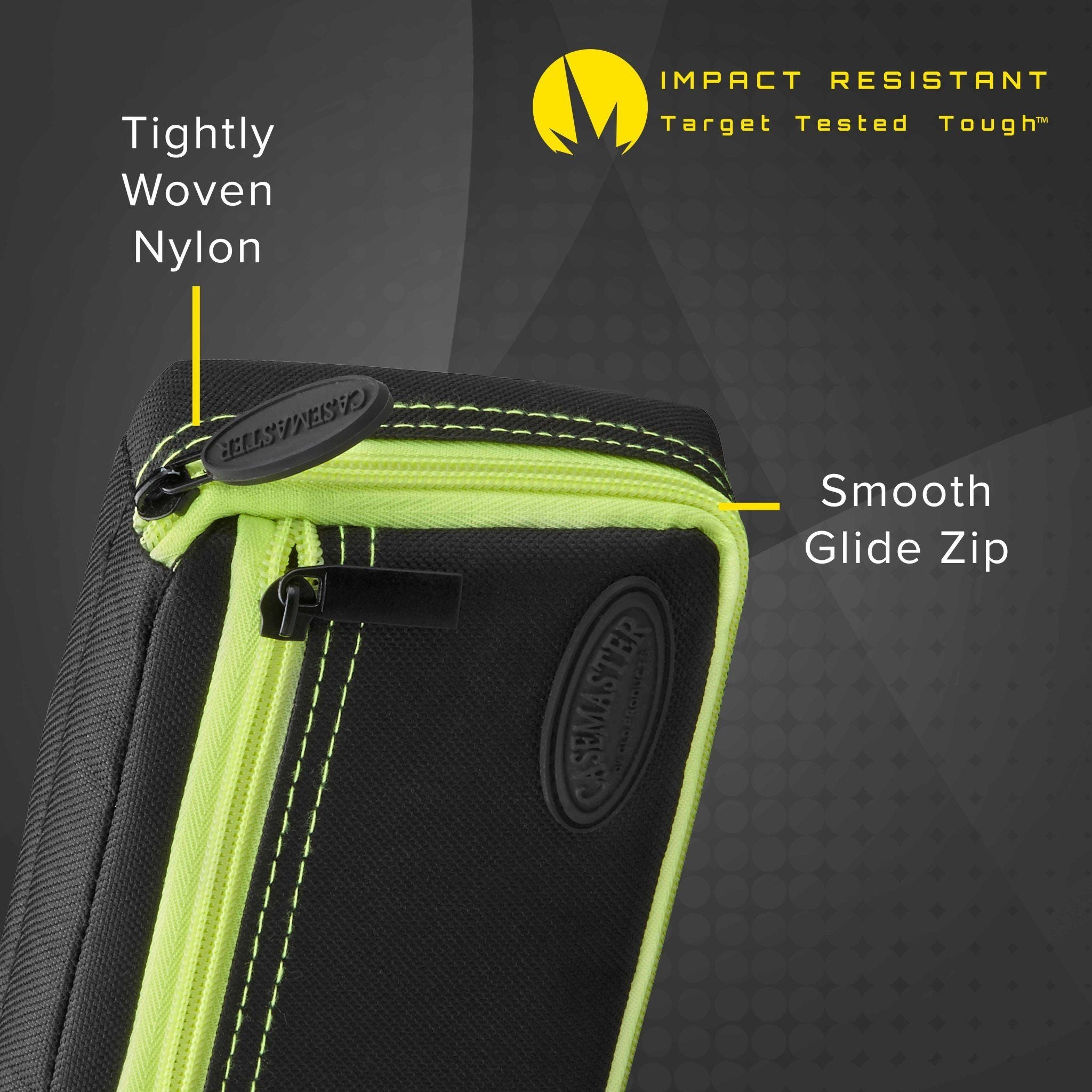 Dart case with black nylon body and neon yellow trim, featuring zipper detail