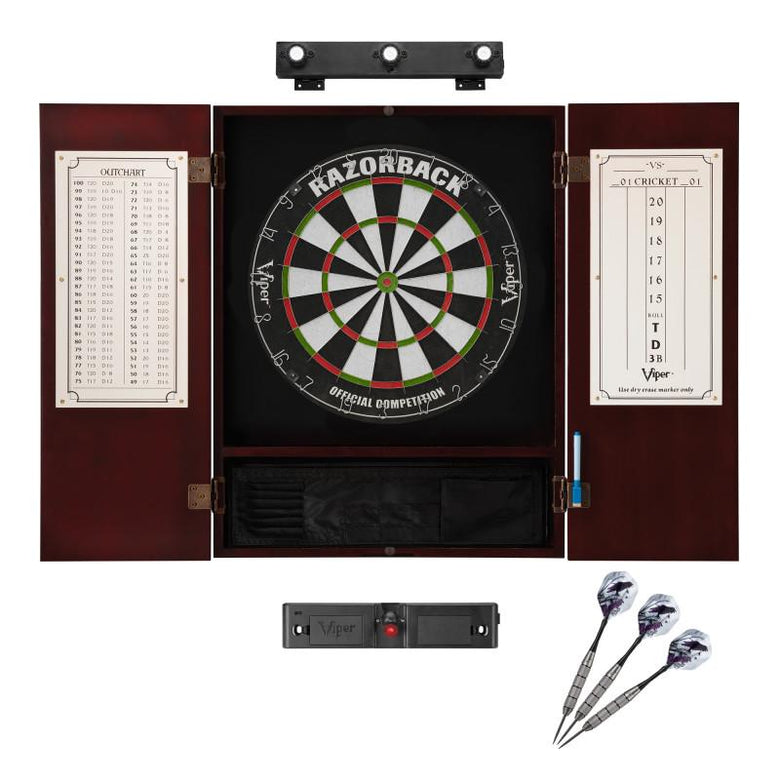 Viper Razorback Sisal Dartboard, Metropolitan Mahogany Cabinet, Shadow Buster Dartboard Lights & Laser Throw Line Marker Darts Viper 