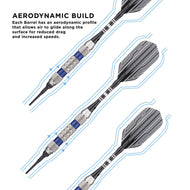 Three darts with black barrels, textured grips, blue bands, and feathered flights shown with airflow lines