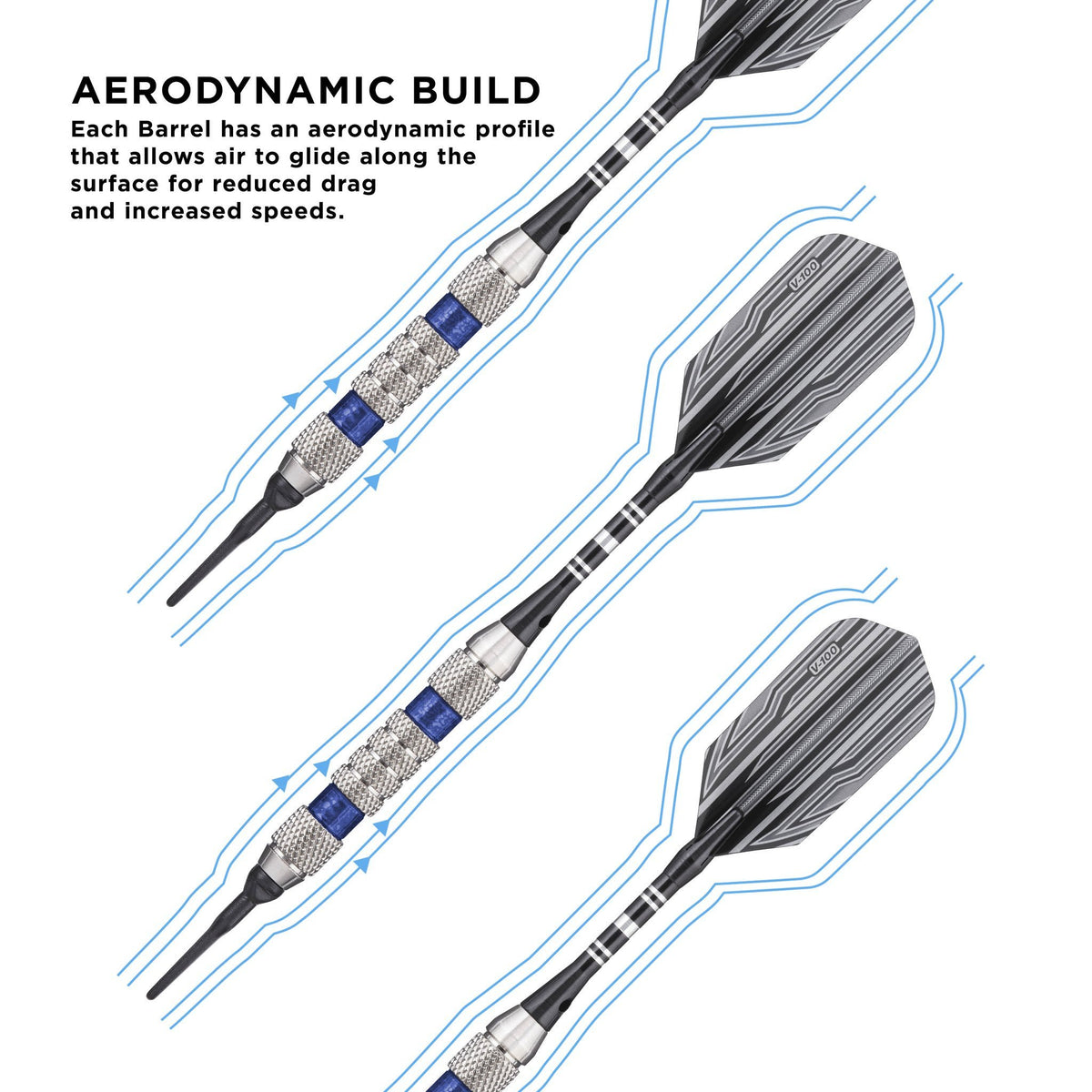 Three darts with black barrels, textured grips, blue bands, and feathered flights shown with airflow lines