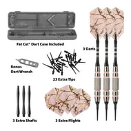 Dart set contents: gray case, 3 darts with pink flights, extra tips, shafts, flights, and wrench tool