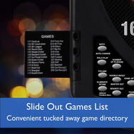 Slide-out games menu displaying 25 game titles and control buttons on dartboard