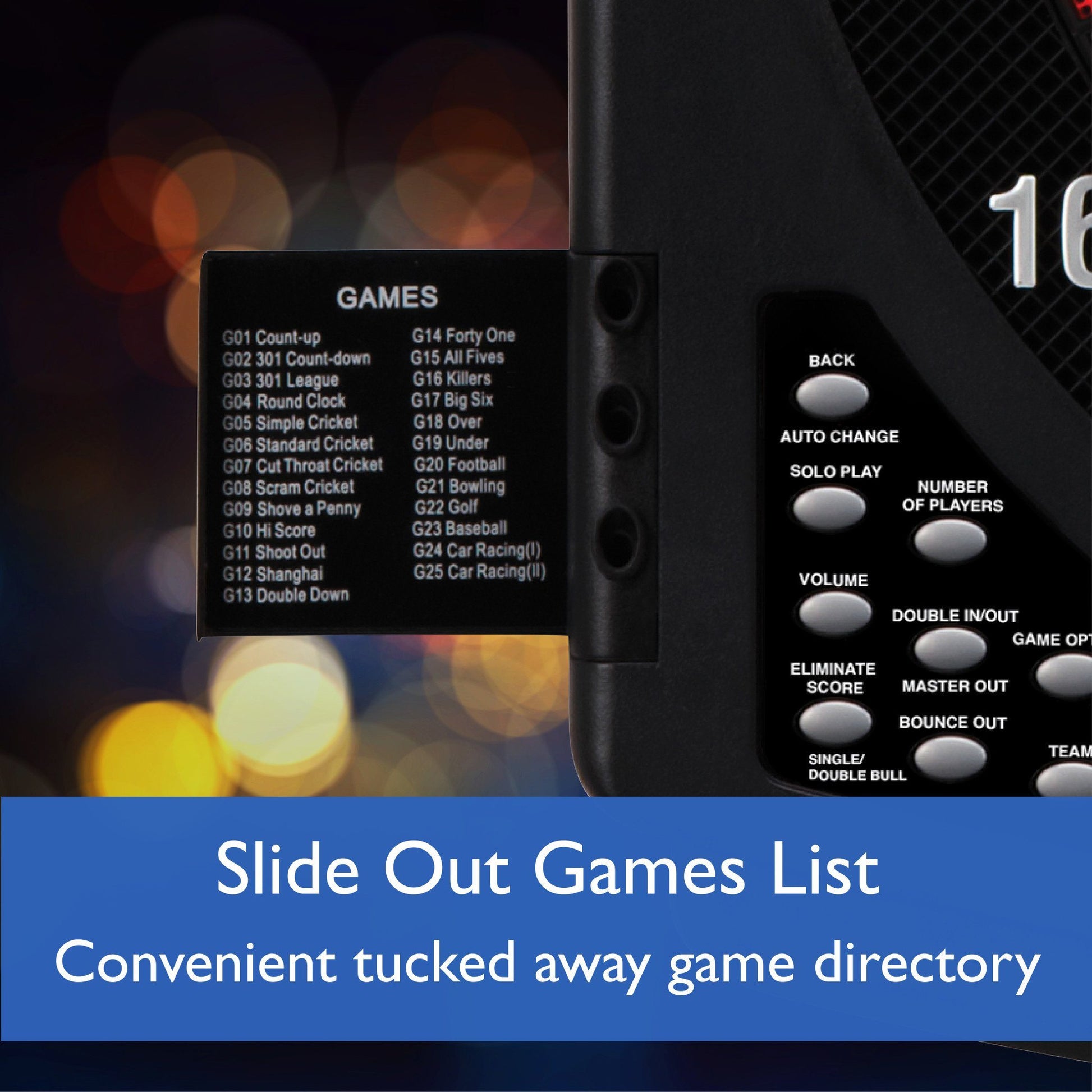 Slide-out games menu displaying 25 game titles and control buttons on dartboard