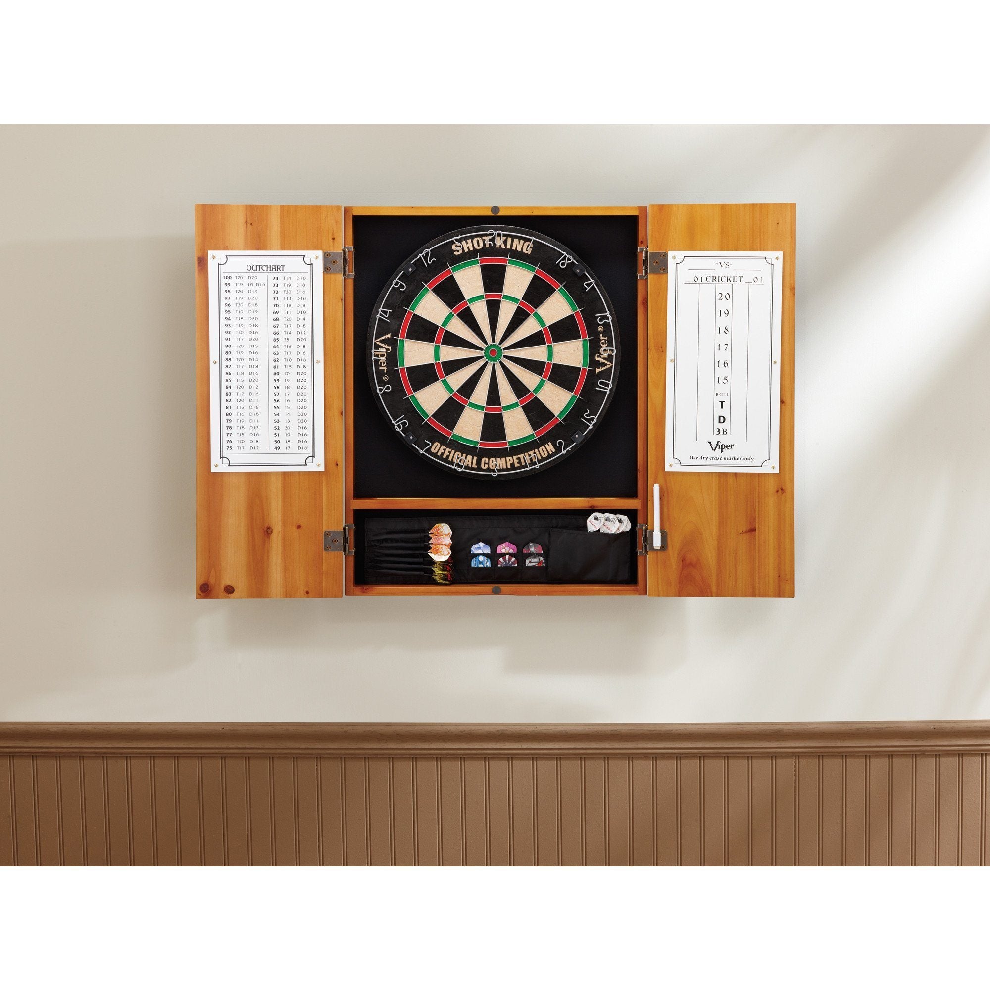 Wooden dartboard cabinet with open doors displaying round dartboard and scoring charts on side panels