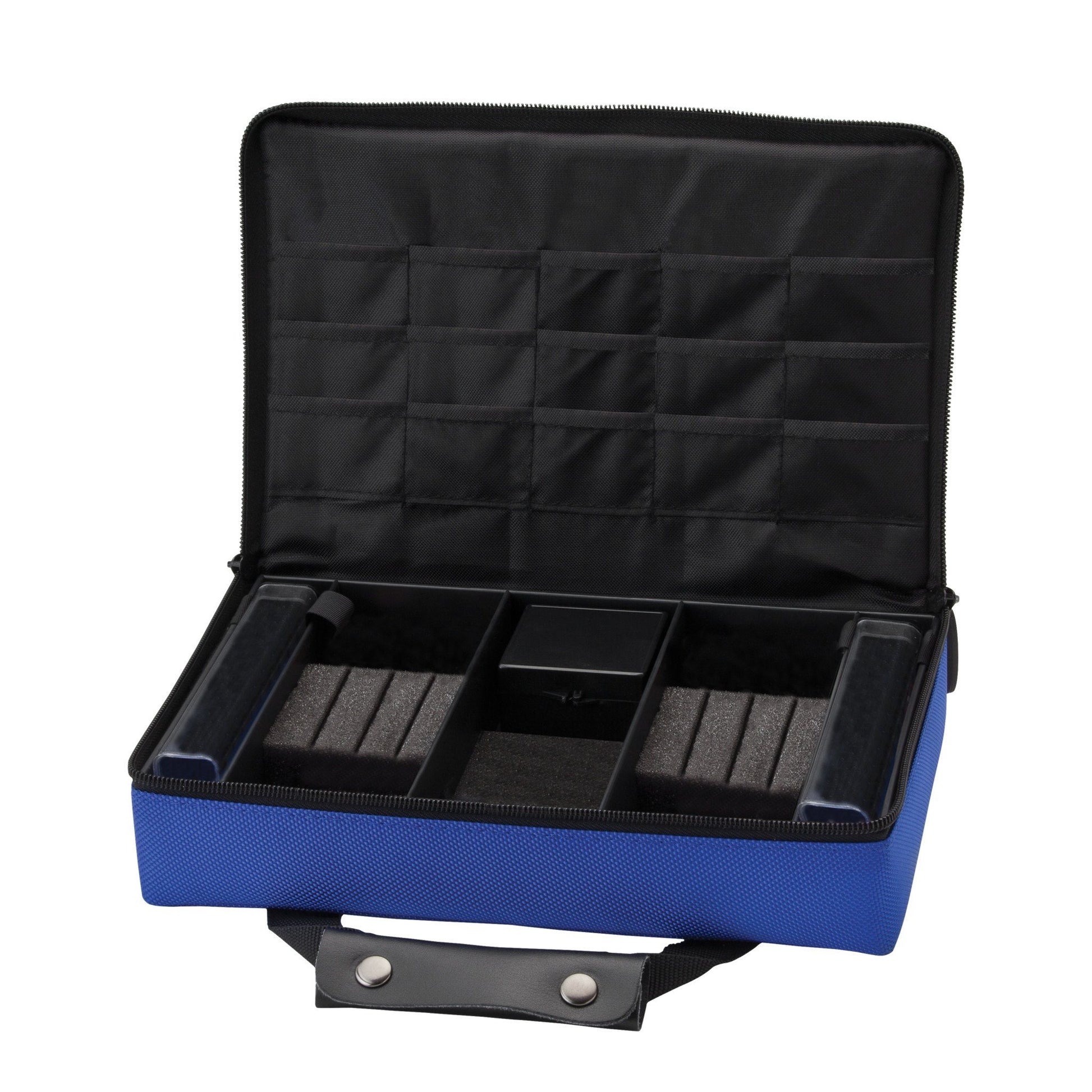 Blue and black dart case open showing black interior compartments and gray foam holders