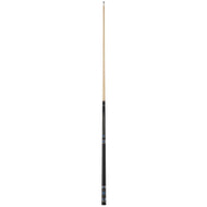 Billiards cue with light wood shaft and black wrap near the bottom end with metal ferrules