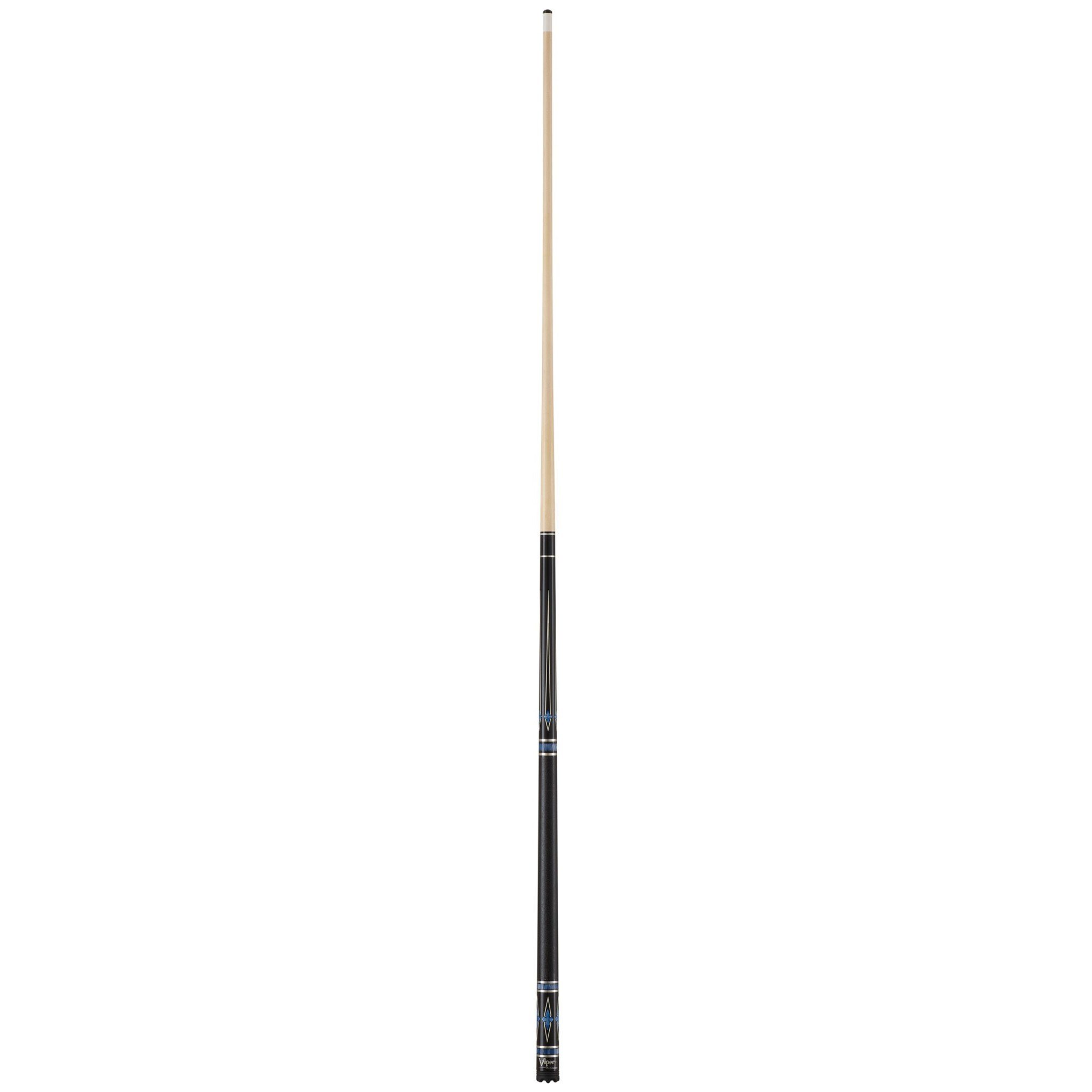 Billiards cue with light wood shaft and black wrap near the bottom end with metal ferrules