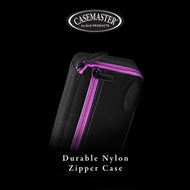 Casemaster black nylon dart case with magenta zipper and carrying strap against black background