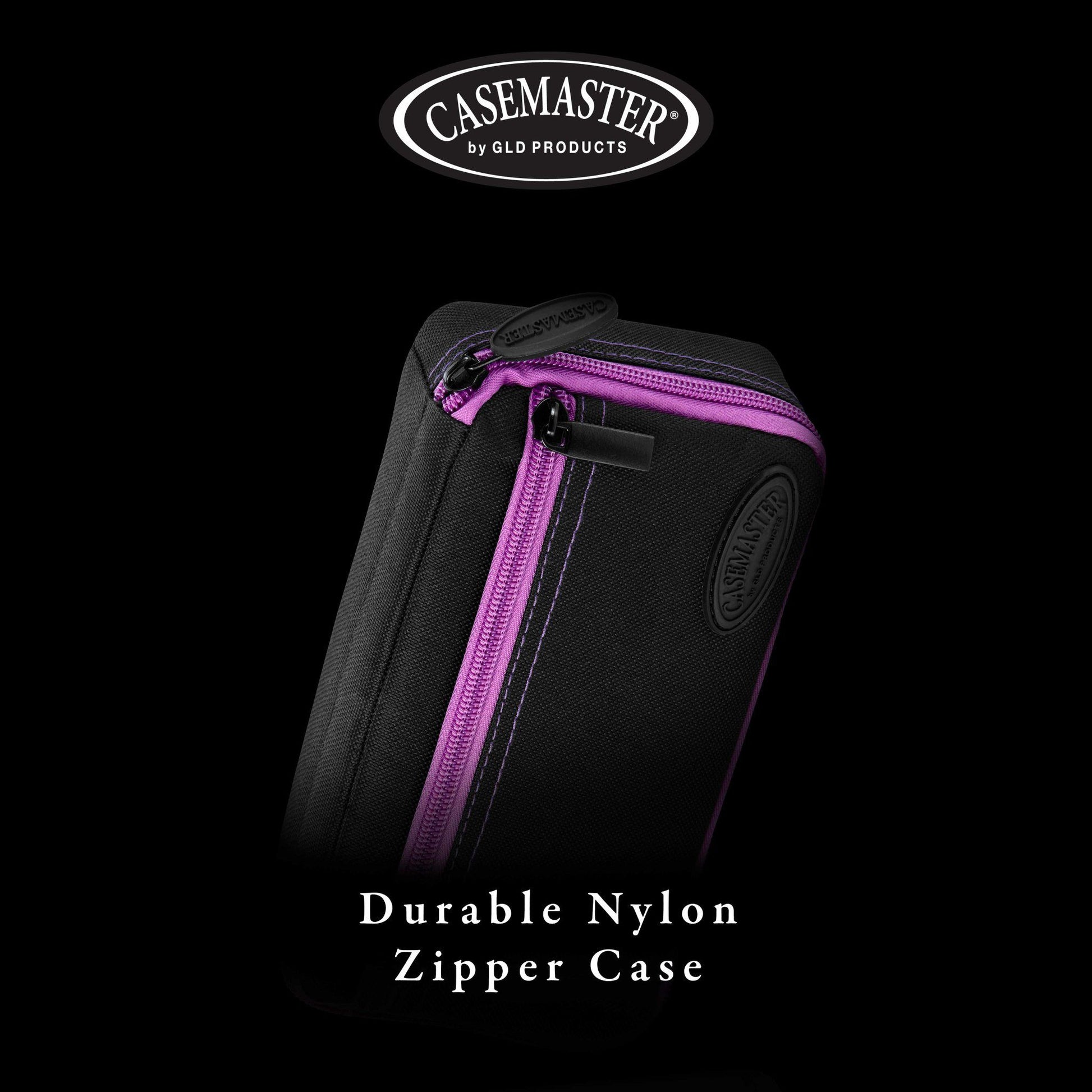 Casemaster black nylon dart case with magenta zipper and carrying strap against black background