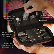 Open black dart case with compartments holding steel-tipped darts and labeled storage pockets