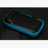 Dart case with blue zipper and black carbon-fiber patterned exterior