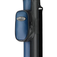 Blue and black padded cue case with Casemaster badge, attached to blue cue stick with shoulder strap
