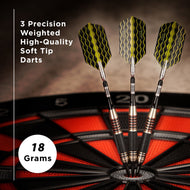 Three soft tip darts with yellow and black flights and silver barrels in front of a dartboard