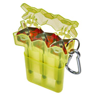 Neon yellow translucent dart case with hinged top and metal carabiner, holding red darts