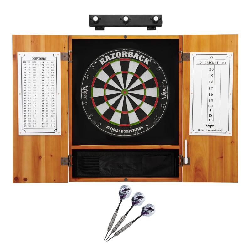 Viper Razorback Sisal Dartboard, Metropolitan Oak Cabinet, Underground The Raven Steel Tip Darts & Shadow Buster Dartboard Lights Darts Viper 