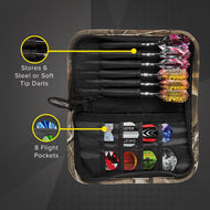 Open dart case displaying 6 darts and 8 flight pockets inside