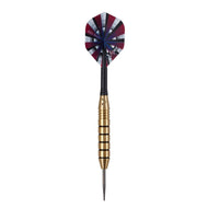 Dart with burgundy striped flight, brass barrel, black shaft, and steel tip