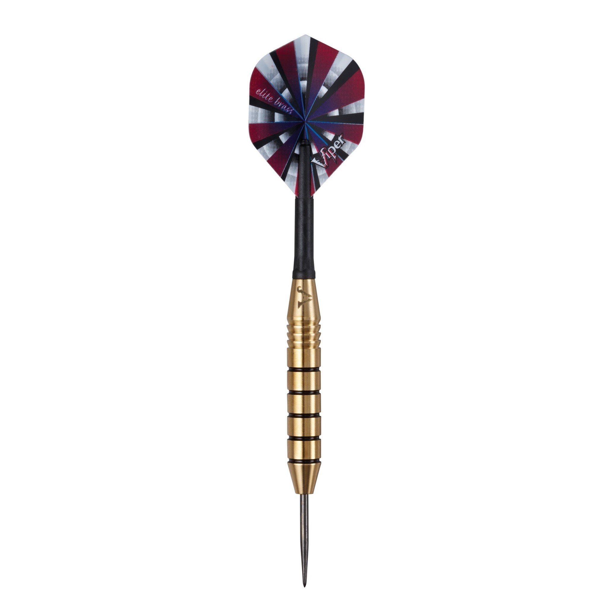 Dart with burgundy striped flight, brass barrel, black shaft, and steel tip