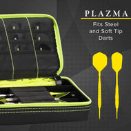 Black dart case with neon yellow trim and two yellow soft-tip darts