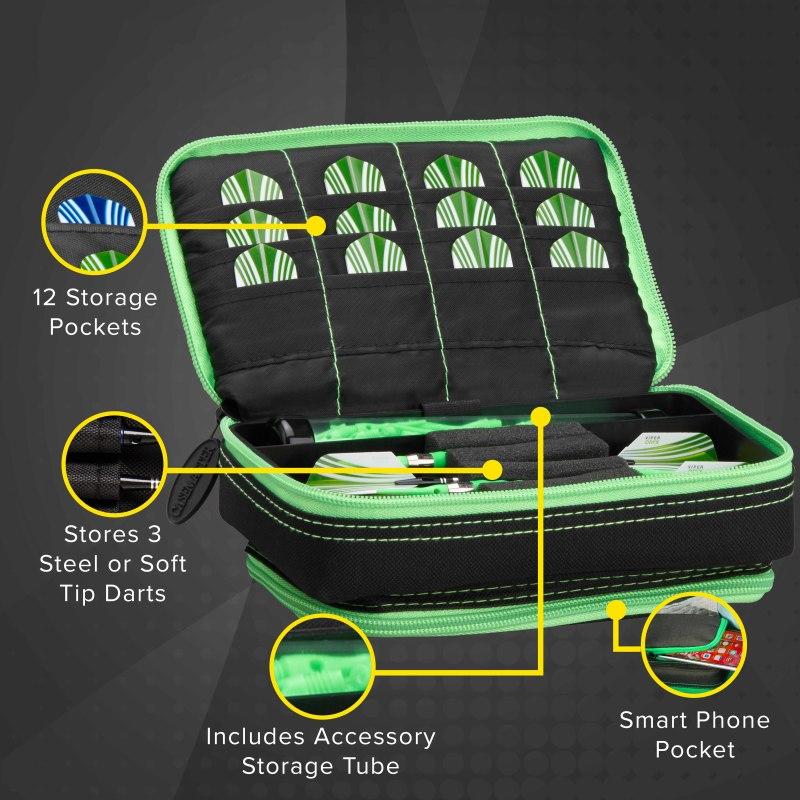 Casemaster Plazma Plus Dart Case Black with Green Trim and Phone Pocket Dart Cases Casemaster 