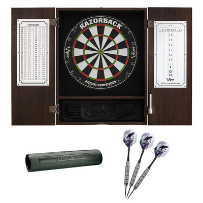 Viper Espresso Metropolitan Steel Tip Cabinet, Viper Razorback Sisal Dartboard, Viper Underground Raven Steel Tip Darts 25 Grams, and Viper Vinyl Dart Mat Darts Viper 